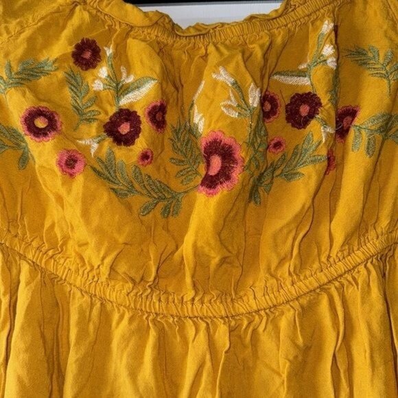 Yellow Floral Embroidered Peasant Blouse Feathers Womens M Cotton - Picture 4 of 8